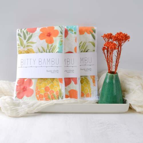 Hawaii Baby Gift, Pineapples and Hibiscus Print Baby Shower Gift, Burp Cloth Set, Handmade in Maui