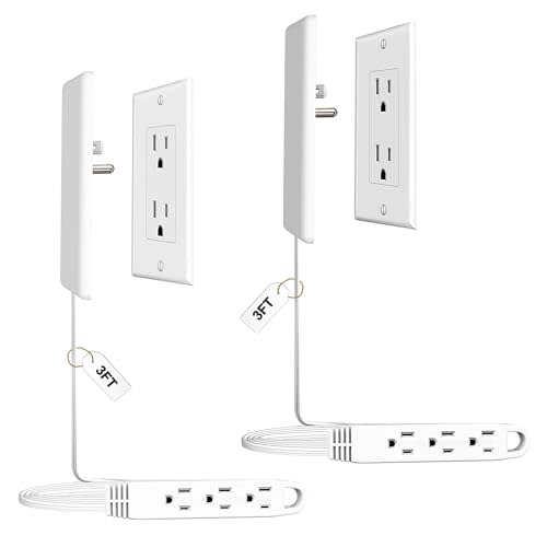 CABOCASA 2 Pack 3FT Flat Plug Extension Cord Power Strip with 3 Outlets, Patented Detachable Ultra-Thin Outlet Cover Concealer & Ultra-Flat Plug, Max. 13A 125V 1625W ETL Listed, White Color
