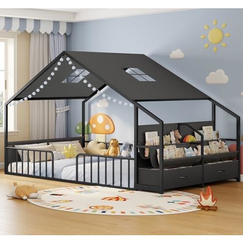 Montessori Full Size Floor Bed, Safety Guardrails, Reading Nook, Black | House Shape, Sling Bookshelves, Storage Drawers, Kids Toddler Bed, Bedroom/Nursery/Playhouse, Easy Assembly