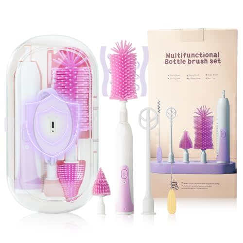Electric Bottle Brush Set with Silicone Pacifier/Straw Brush and Mixing Head, Water Bottle Cleaner with Drying Rack, 2 Modes & 360 Rotation (Purple)