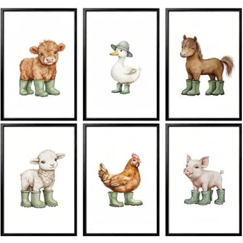 6Pcs Baby Animals Nursery Wall Art, Funny Farm Animal Picture Wall Decor, Cute Cow Duck and Horse Posters, Cottagecore Farmhouse Nursery Painting Print Artwork for Kids Room Baby Room, Unframed