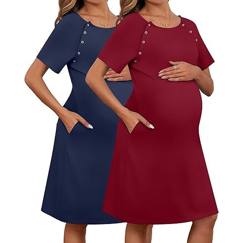 Huukeay 2 Pack Labor Delivery Nursing Hospital Gown Women's 35% Cotton Maternity Birthing Dress 3 In1 Breastfeeding Pajamas
