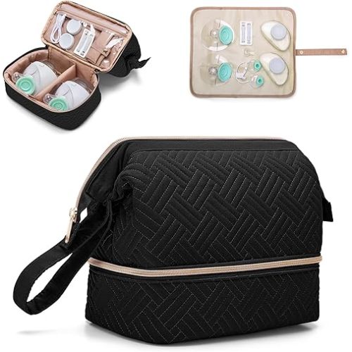 Fasrom Wearable Breast Pump Bag Compatible with Momcozy, Medela and Elvie Pumps, Double Layer Pump Carrying Case with Waterproof Mat and Insulated Pockets for Working Moms, Black (Bag Only)