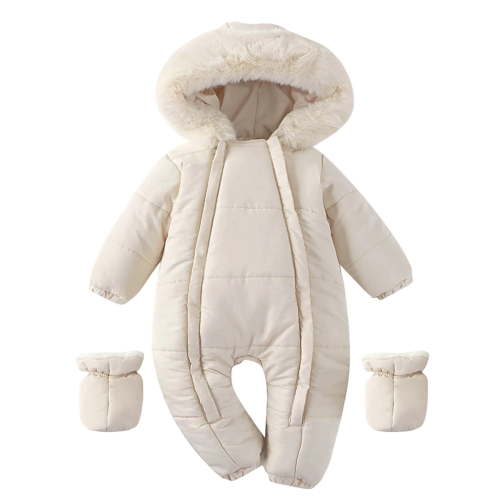 REDARER Kids Snowsuit - Hooded Winter Jumpsuit with Collar - Warm Waterproof Romper for Cold Weather,Color:Beige,Size:0-3 Months