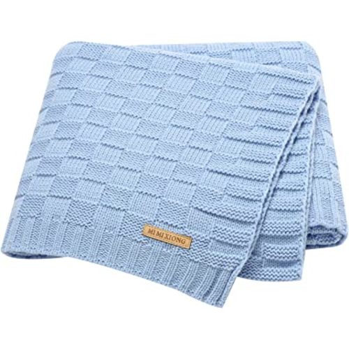 LAWKUL Baby Blanket Blue Cable Babe Blanket Checkered Knit Newborn Infants Soft Airy Receiving Swaddle Neutral Unisex 40"x30"