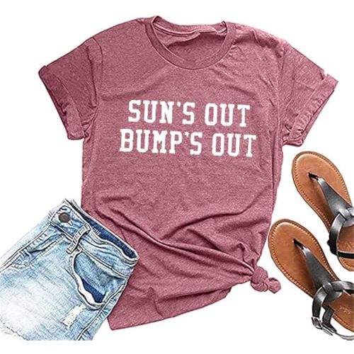 Sun's Out Bumps Out Shirt Women Maternity Pregnancy Funny Saying T-Shirt Summer Short Sleeve Casual Tops Tees