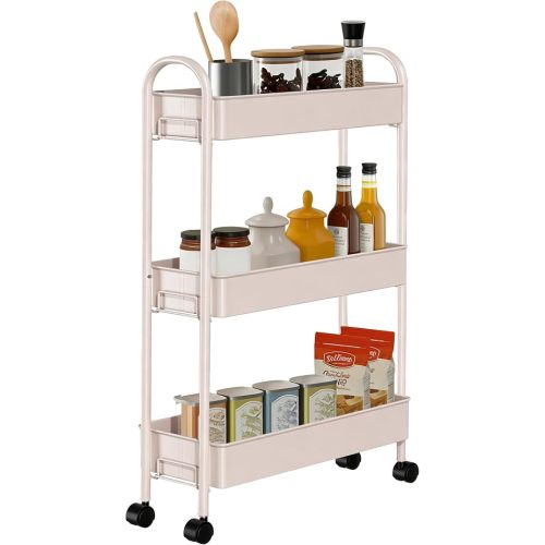Slim Rolling Cart, Metal Frame Utility Rolling 3-Tier Narrow Storage Cart