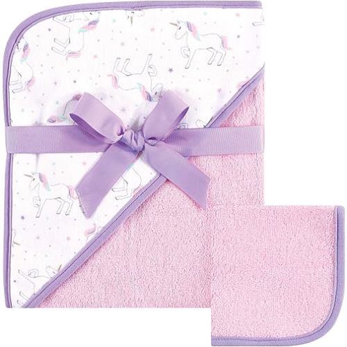 Hudson Baby Unisex Baby Cotton Hooded Towel and Washcloth, Magical Unicorn, One Size