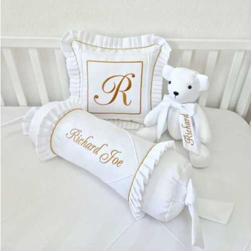 Custom Embroidered Baby Bedding Set: Square Pillow, Roller and Memory Bear - Godmother Gift