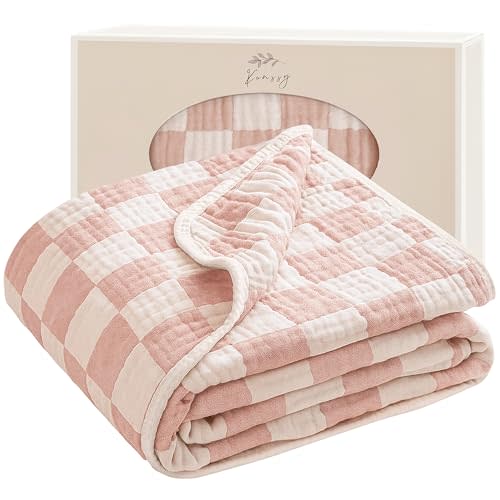 Konssy Muslin Baby Blanket 43''x43'', Soft Cotton Breathable Receiving Blanket for Infant Toddler, Lightweight Crib Nursery & Stroller Blanket for Baby Girls and Boys (Pink)