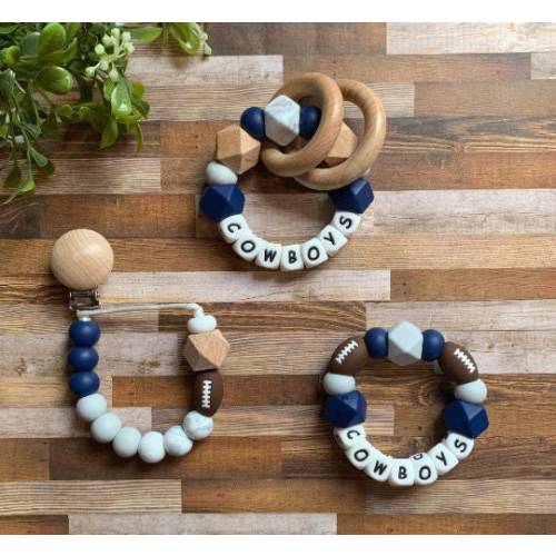 Dallas Cowboys Toy Collection - Pacifier Clip - Rattle Toy - Go Cowboys - Baby Cowboy Toy - Blue - White - Football - Baby Gift - Baby