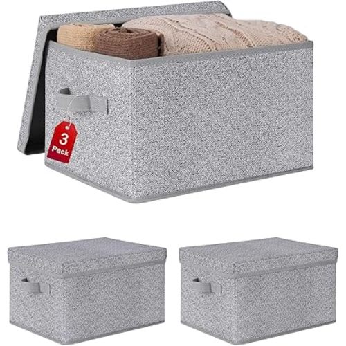 WUIKE Foldable Storage Bins with Lids, Storage Boxes with Handles, Closet Shelf Organizer, Fabric Storage Baskets for Bedroom, Decorative Storage Containers, Large, Ash Gray, 3-Pack