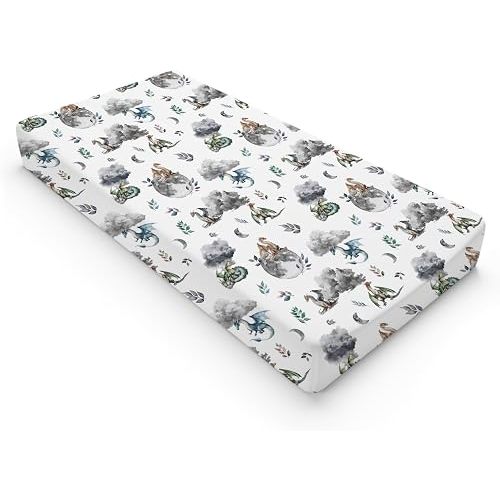 Watercolor Dragons Fairytale Baby Changing Pad Covers Dragon Wings Leaves Moon Clouds Diaper Changing Table Sheets for Boy Girl Soft Breathable Stretch Diaper Change Pad Table Covers Mats 32''x16''