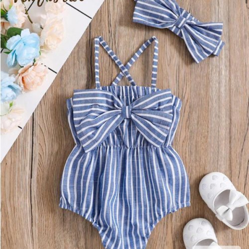 SHEIN Vintaside Kids 2pcs/Set Fashionable And Cute Striped Bodysuit With Bowknot And Headband For Baby Girls' Summer Party | SHEIN USA