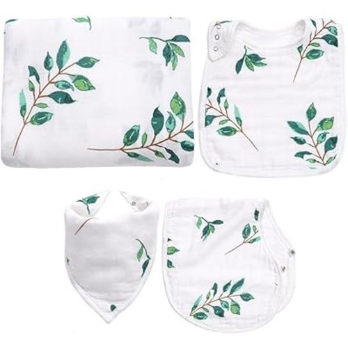 Muslin Swaddle Blanket Set for Baby – 4-Piece Newborn Essentials with Swaddle, Burp Cloth & Bibs, Soft Breathable Receiving Blanket, Clementine Print, Leaf