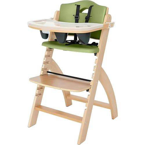 Abiie Beyond Junior Wooden High Chair with Tray - Adjustable and Convertible High Chair for Babies and Toddlers - 6 Months to 250 Lb - Water Resistant - Natural Wood/Olive Cushion