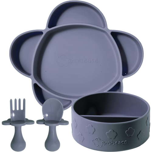 Grabease Baby Feeding Set - Silicone Plates, Bowls, and Suction Plates for Baby-Led Weaning and Portion Control - Suction Bottoms 4 Piece Set, BPA and Phthalates-Free, Gray