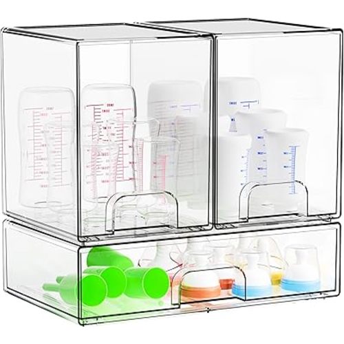 Yieach 3 Set Clear Baby Bottle Organizer for Countertop,BPA FREE Bottle Station Organizer for Breast Pump Parts,Pacifier and Baby Accessories,Stackable Drawers for Bathroom,Cabinet,Pantry Organization