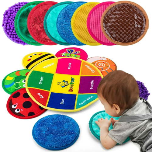 Sensory Mini Mats, 9 Set Textures Sensory Mats, Autism Sensory Toy with Sensory Tiles Cute Patterns, Early Sensory Exercise Words - Match Colors, Stress Relief Toy (Flower Shape)