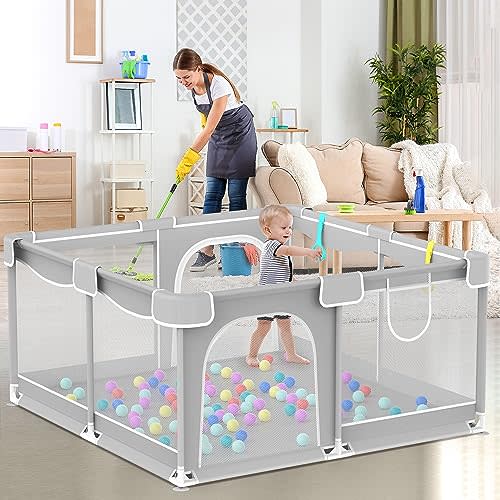 Baby Playpen, Playpen for Babies with Breathable Mesh and Zipper Gates, Indoor & Outdoor Play Pens for Kids Activity Center with Anti-Slip Base, Sturdy Safety Playpen, Kid's Fence for Infants