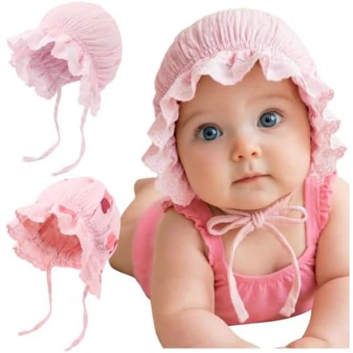 DRESHOW BQUBO Baby Bonnet Lace Cotton Baptism Bonnet for Baby Girls Newborn Soft Warm Cap Hospital Hat Sleepy Hat with Tie