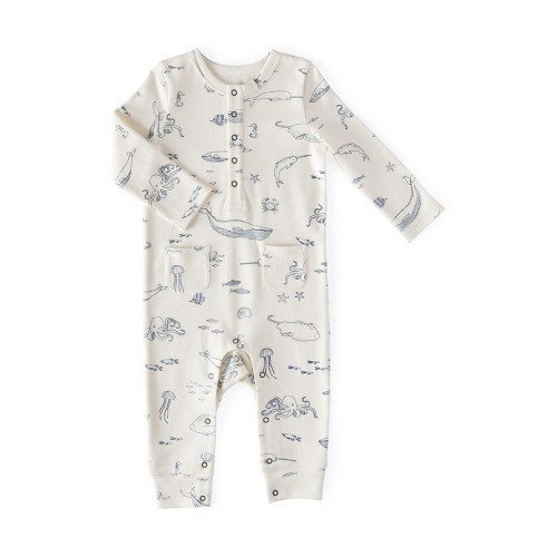 Life Aquatic Patch Pocket Organic Cotton Henley Romper