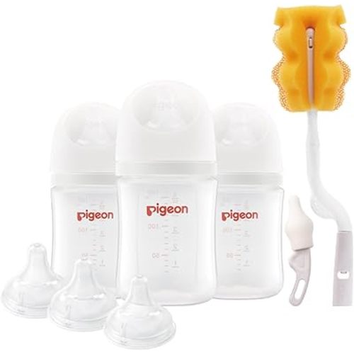 Pigeon Newborn Baby Bottle Feeding Gift Set, Nurture & Nest, Anti-Colic Wide Neck Bottles with Latch-On Silicone Nipples, 3 Bottles (5.4 Oz), 3 Stage 2 Nipples, 1 Bottle Brush and 1 Nipple Brush
