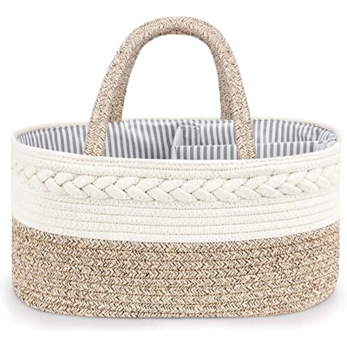 Maliton Baby Diaper Caddy Organizer, X-Large Cotton Rope, Rustic Style, Portable, 3 Compartments, A-Brown