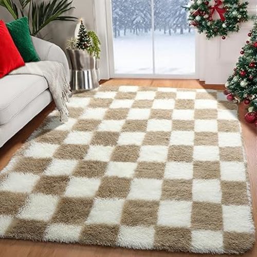 KICMOR Area Rugs for Bedroom Living Room, 4x6 Fluffy Soft Beige and Cream White Checkered Rug Fuzzy Shag Shaggy Carpet, Indoor Plush Rugs for Kids Boys Girls Dorm Nursery Office Home Decor Aesthetic