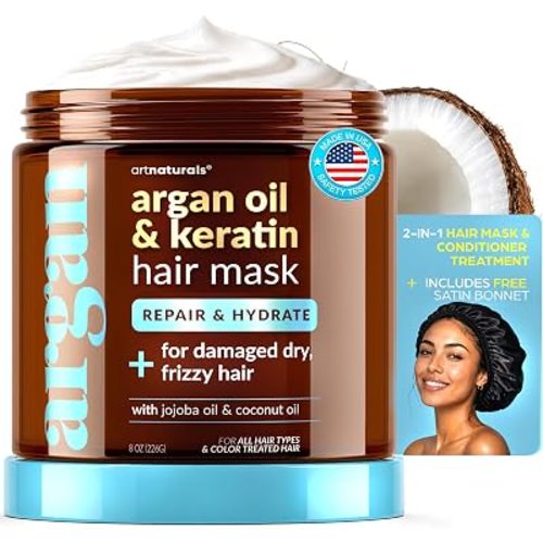 ArtNaturals 2-Step Deep Repair Hair Mask for Damaged Hair - Intensive Treatment for Dry, Damaged & Color-Treated Hair - Argan oil Deep Conditioner w/ Silk Bonnet to Drive Deeper Penetration 8 oz