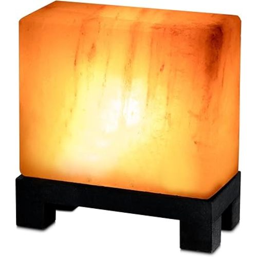 Himalayan Salt Lamp Rectangle, Natural Pink Rock Lamp on Modern Wood Base with Night Light Bulb and Dimmable Cord
