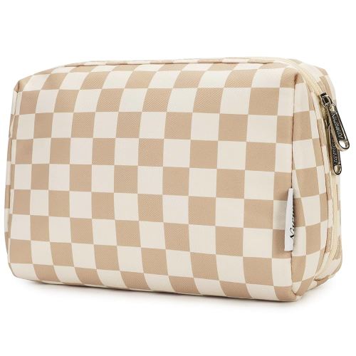 Narwey Checkered Makeup Bag Travel Cosmetic Bag Organizer Toiletry Bag Make Up Bags with Compartments for Women Girls (Large, Light Checkerboard)