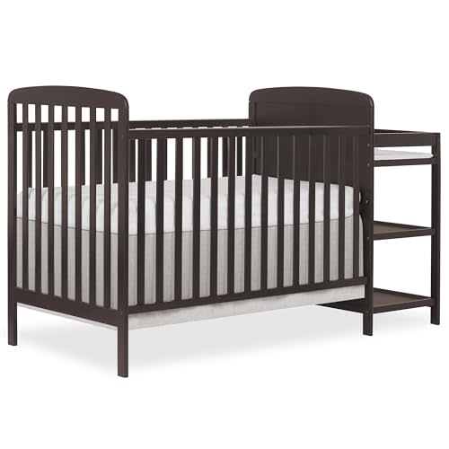 Dream On Me Anna 3-in-1 Convertible Crib and Changer, GREENGUARD Gold | Storage Shelves, Converts to Day & Toddler Bed, 3 Mattress Height, BSA Verified, 50 Lb Limit, Non Toxic Finish, Chocolate