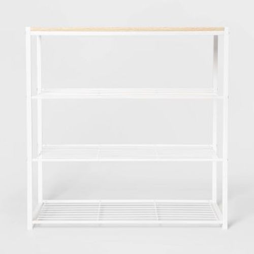 4 Tier Shoe Rack White Metal with Natural Wood - Brightroom™