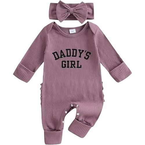 WZTYYDS Newborn Baby Girl Clothes Ribbed Romper Print Long Sleeve Jumpsuits Bow Headband Set Infant One-piece Outfits