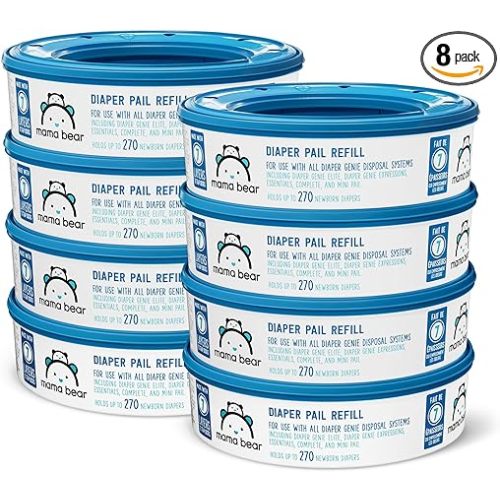 Amazon Brand - Mama Bear Round Diaper Pail Refills for Genie Pails, Unscented, 2160 Count (8 Packs of 270)