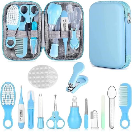 Baby Grooming Kit, Infant Safety Care Set with Hair Brush Comb Nail Clipper Nasal Aspirator,Baby Essentials Kit for Newborn Girls Boys (Grey White)