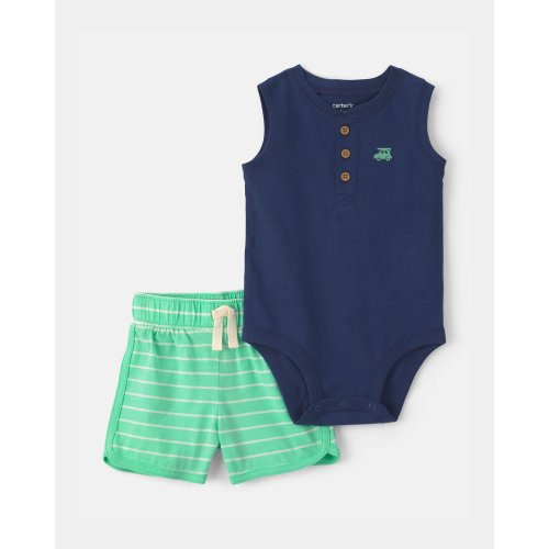 Baby Boy 2-Piece Car Striped Sleeveless Top & Short Set - Blue/Green | Carter's