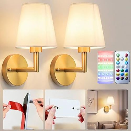 Nekhung Battery Operated Wall Sconces Set of 2, Wireless Wall Light with 10000mAh RGB Dimmable Magnetic Bulb, Rechargeable Wall Sconce with Remote Control for Bedroom Living Room