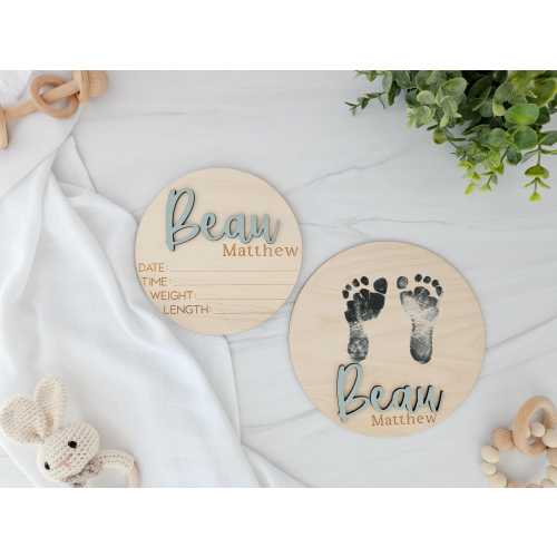 Baby Announcement Plaque for Hospital | Wooden Name Reveal Plate | Newborn Photo Prop with Birth Stats | Baby Hospital Sign | Footprint Sign