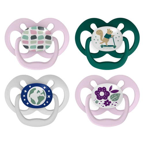 Dr. Brown's Advantage 100% Silicone, Glow in the Dark Pacifier Scooter Squirrel and Flowers, Purple, 6-18M, 4 pack - Walmart.ca