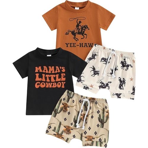 Toddler Boys Shorts Set Western Cowboy-Print Short Sleeves Tops+Elastic Pants Baby Summer Casual Outfits
