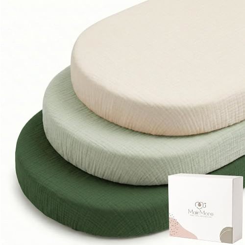 MairMore 3 Pack Muslin Bassinet Sheets for Babies, Soft & Breathable 100% Cotton Fitted Sheets for Oval, Rectangle, Hourglass Bassinet Mattress Pads (Grass Green)