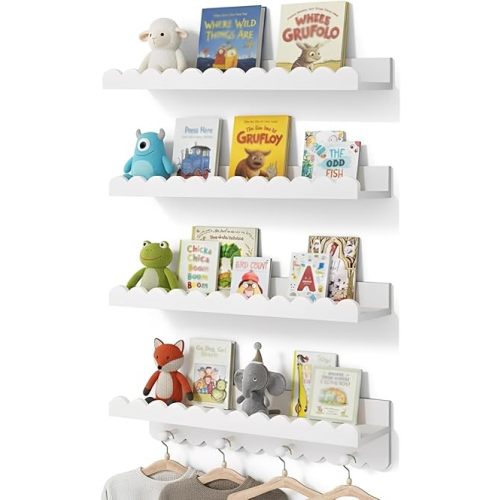 Nursery Book Shelves, Set of 4 White Floating Shelves for Wall Kids, 16.5” Scalloped Shelves, Wall-Mounted Book Shelf Decor for Kids, Wave Style