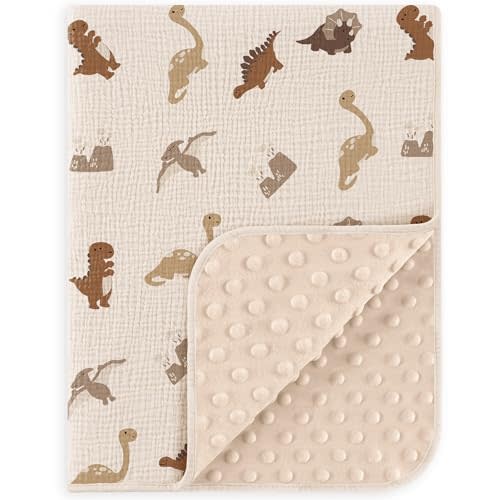 Susurration Baby Blanket for Unisex Boys Girls, Soft Nursery Minky Blanket with Muslin Cotton Front and Dotted Fleece Back, Receiving Blanket for Baby Newborn Infant, 30x40inch (Dinosaur)