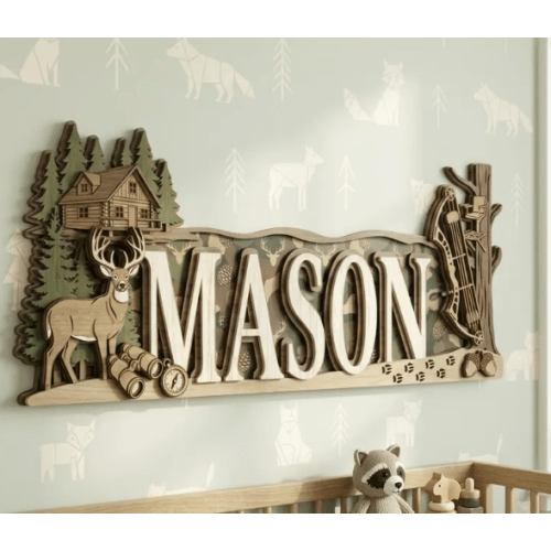 Hunting Nursery Name Sign, Custom Cabin Mountain Wood Sign, Personalized Block Letters, Camo Buck Deer Boys Room Decor, New Baby Boy Gift