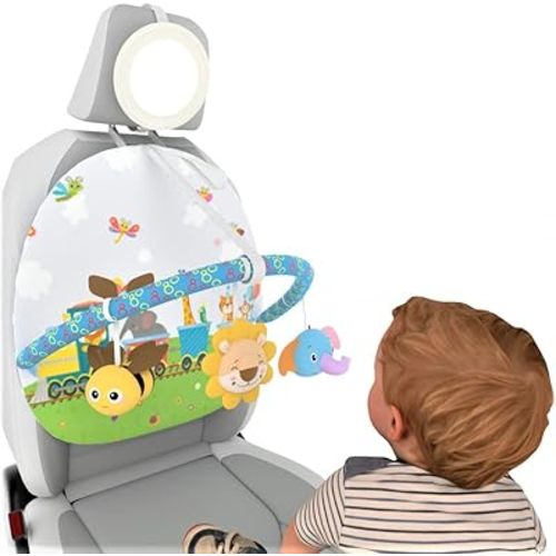 Baby in-car toy center, For long travel with Rear Mirror, Car seat Double Sided Arch activity center Hanging Squeaky toy for infant 0-36 Months