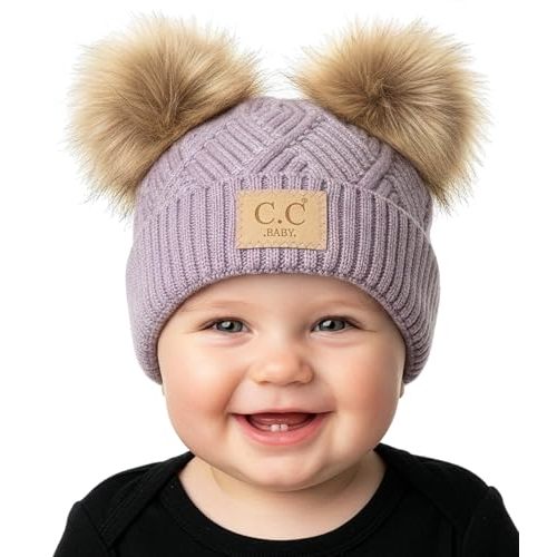 Funky Junque Double Pom Pom Baby Beanie – Newborn Girl Winter Hat 0–12 Months, Cute Cozy Knit Infant Beanies for Cold Weather