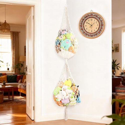 Stuffed Animal Storage Hammock Plushie Net Large Stuffed Animal Net Corner for Kids' Wall Room Decor Hanging Toy Storage Plushie Net Organizer Holder Kids Baby Nursery Wall Bedroom Home Decor (1 Tier)