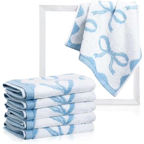 Coume 6 Pcs Blue Bow Washcloths 100% Cotton Wash Cloths 13" x 13" Coquette Small Face Towels Absorbent Soft Preppy Wash Cloths & Hand Bath Towels for Bathroom, Spa, Kitchen Drying Cleaning